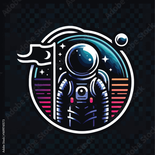 Astronaut standing on a planet planting a flag.