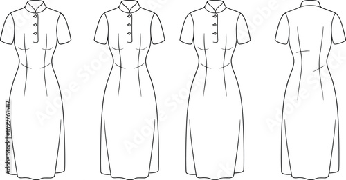 cad drawing flat vector illustration, dress technical sketch, front back view, princess seam, button placket, fashion flat, garment template, apparel outline, high collar, short sleeve,
