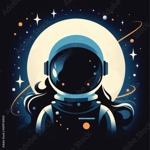 Astronaut with Long Hair in Space Suit Against Moon and Stars.