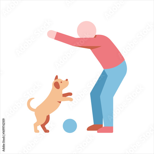 Stylized Person Playing with a Playful Dog and a Blue Ball.