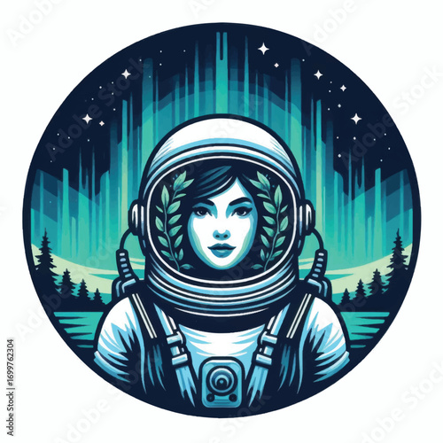 Female Astronaut in Spacesuit Northern Lights Background.