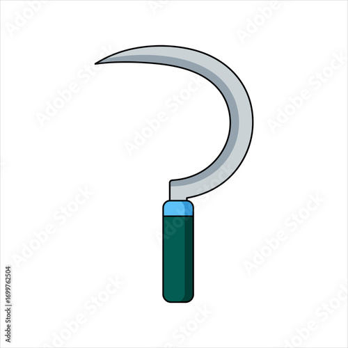 Stylized Sickle Illustration with Green Handle and Silver Blade Isolated Object.