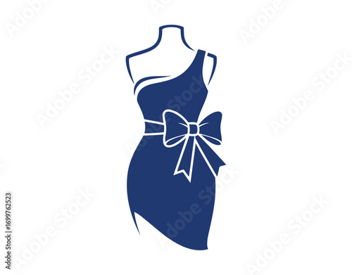 A blue dress with a bow displayed on a mannequin. Logo, symbol, silhouette

