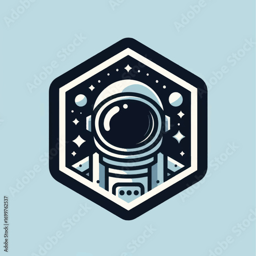 Minimalist astronaut in space suit badge illustration.
