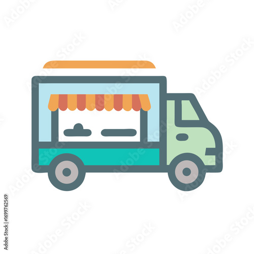 Flat food truck icon with awning and service window