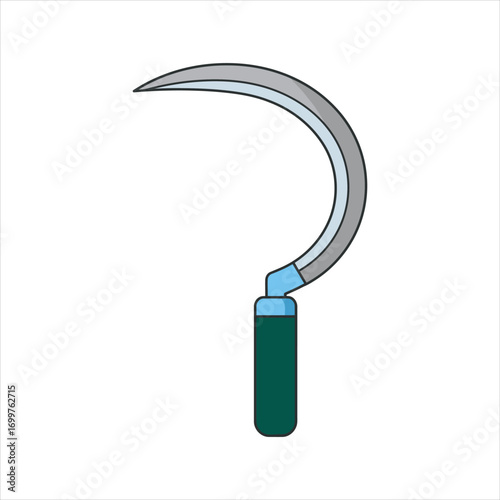 Stylized Sickle with Curved Blade and Dark Green Handle Outlined in Black.
