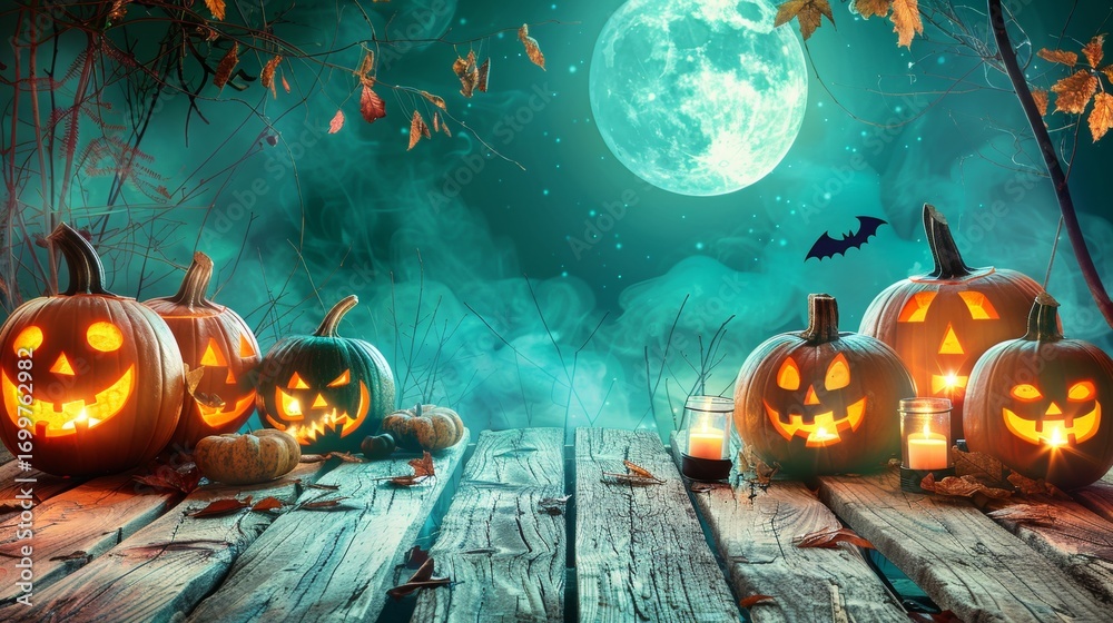 Naklejka premium Eerie halloween landscape featuring haunted forests, gloomy skies, and flickering jack o lanterns