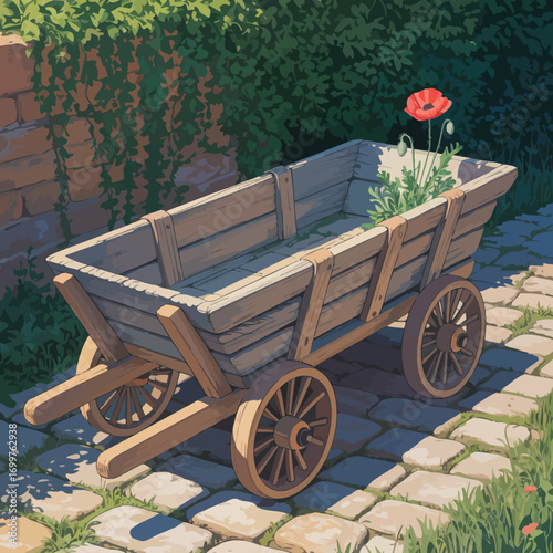 A rustic wooden cart rests on cobblestones, adorned with a vibrant poppy flower, evoking a sense of tranquility and nature's beauty in a serene garden setting.