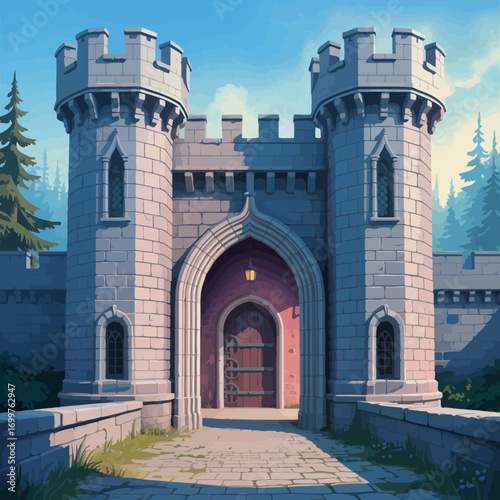 A stunning illustration of a grand castle entrance set against a scenic backdrop of evergreen trees, evoking a sense of adventure and timeless beauty in a fantasy world.