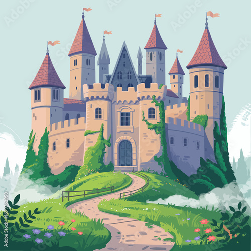 An enchanting castle towers over a scenic landscape, surrounded by lush greenery, flowers, and soft mist, evoking a sense of wonder and fairytale magic.