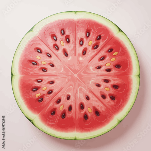 An artistic representation of a cross-sectioned watermelon, vividly illustrating its pink flesh and black seeds while emphasizing freshness and summer's sweetness.