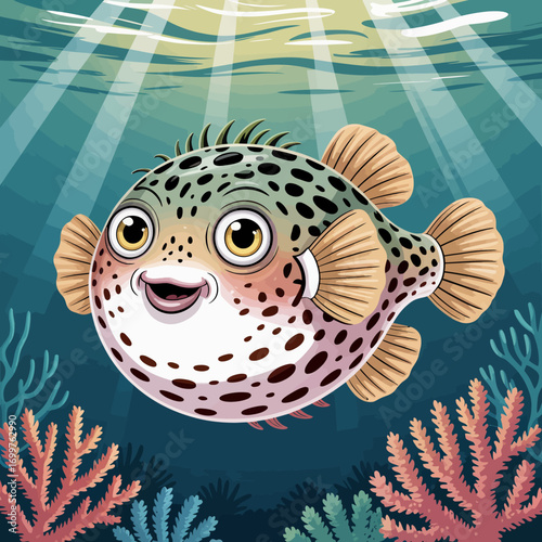 This whimsical underwater scene features a cheerful puffer fish surrounded by colorful coral reefs, showcasing marine life in vibrant colors and lively expressions.