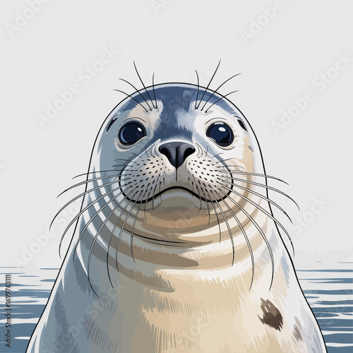 A captivating portrait of a seal with a charming expression, reflecting on the calm water surface, showcasing the beauty of marine life and its environment.