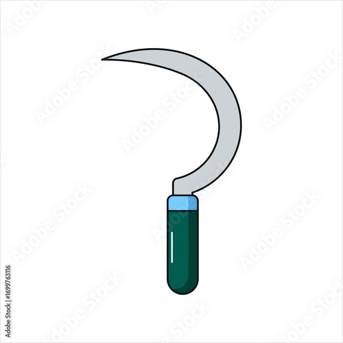 Stylized Silver Sickle with Teal Accents and a Dark Green Handle Illustration.