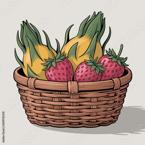 This image features a beautifully arranged basket filled with vibrant yellow fruits and fresh strawberries, ideal for a variety of culinary themes and marketing uses.