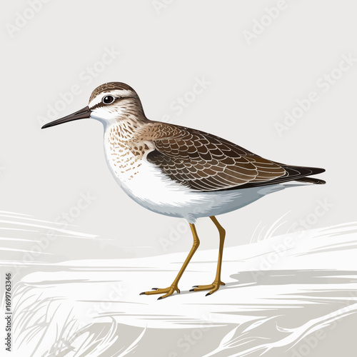 A detailed illustration of a shorebird stands gracefully on a simple, white background, showcasing its beautiful plumage and delicate features.