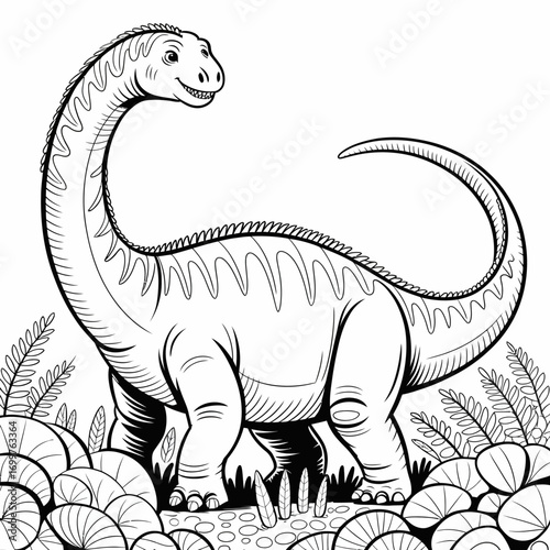 A detailed line art representation of a dinosaur standing among lush vegetation, captures a prehistoric scene full of life and grandeur in nature.