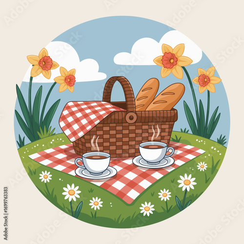 A delightful picnic scene featuring a woven basket filled with delicious bread, two steaming cups, and a backdrop of cheerful daffodils on a sunny day.