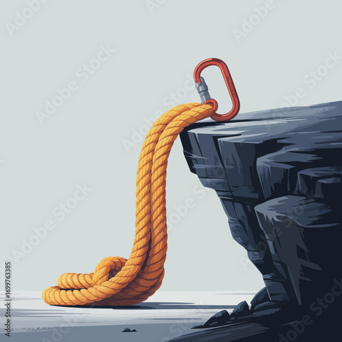 An orange climbing rope secured with a carabiner hangs over a rocky cliff edge, symbolizing adventure, risk, and the outdoor climbing experience.