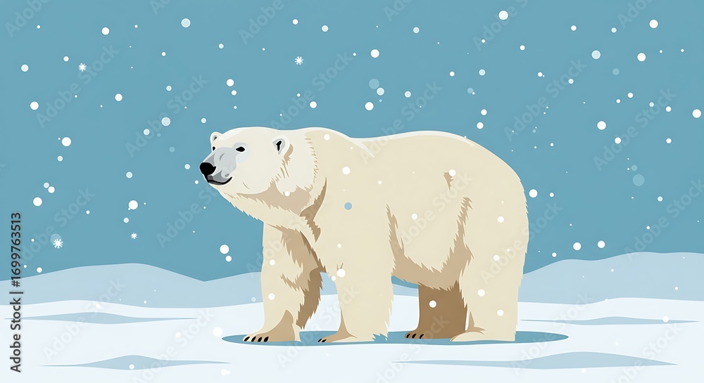 Fototapeta premium A majestic polar bear stands in a serene, snowy winter landscape with snowflakes falling. Vector illustration depicting arctic wildlife and cold climate.