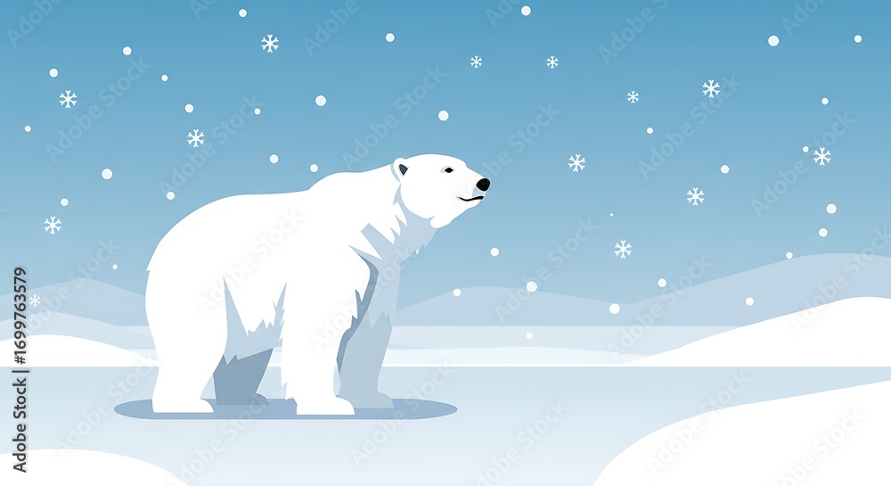 Fototapeta premium An illustration of a majestic polar bear standing in a serene snowy landscape with falling snowflakes, depicting the beauty of arctic wildlife and winter.