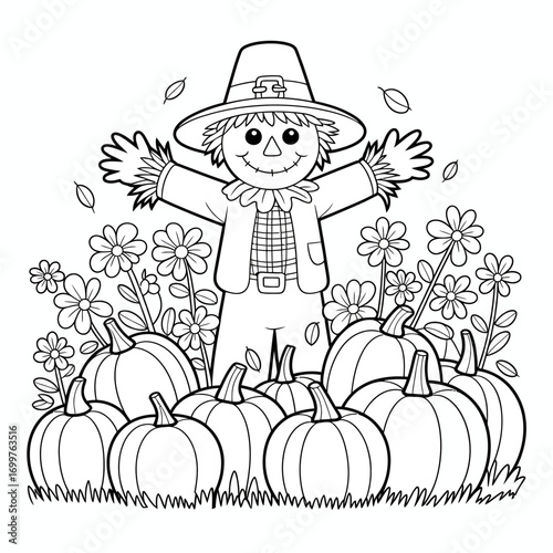 A playful, line-art scarecrow stands among a vibrant pumpkin patch with flowers, capturing the essence of autumn and harvest celebrations beautifully.