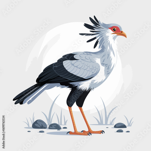 A beautifully illustrated secretary bird standing gracefully, capturing its distinctive features and elegant posture in a modern artistic style and vibrant colors.