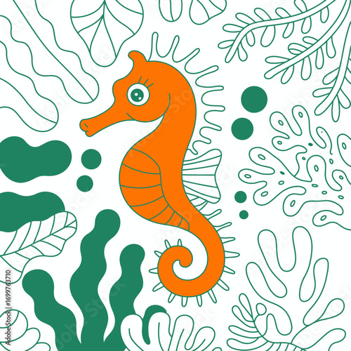 This vibrant, playful illustration features a bright orange seahorse amidst various aquatic plants, showcasing the charm of marine biodiversity and the ocean theme.