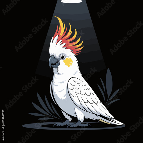 An artistic representation of a cockatoo showcases its vibrant crest and distinct colors, embodying the beauty and diversity of avian life.