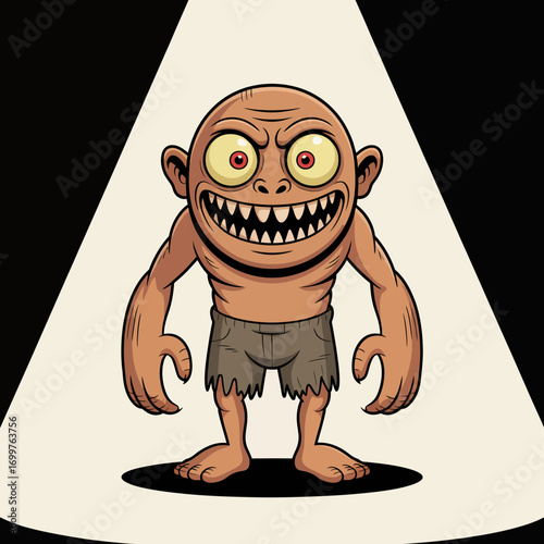 A playful cartoon monster with exaggerated features and a mischievous grin stands in the spotlight, embodying both humor and creativity in character design.