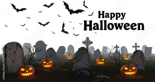 A spooky halloween night scene with bats flying over tombstones and glowing pumpkins for a festive celebration