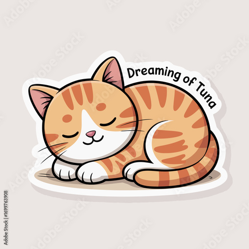 This image depicts an adorable cat peacefully sleeping, curled up contentedly, dreaming of tuna, reflecting the warmth and comfort of a home filled with love.