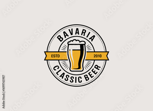 A modern and stylish logo design for Bavaria Classic Beer, showcasing a pint glass and vintage elements, perfect for branding and promoting a beer specialty.