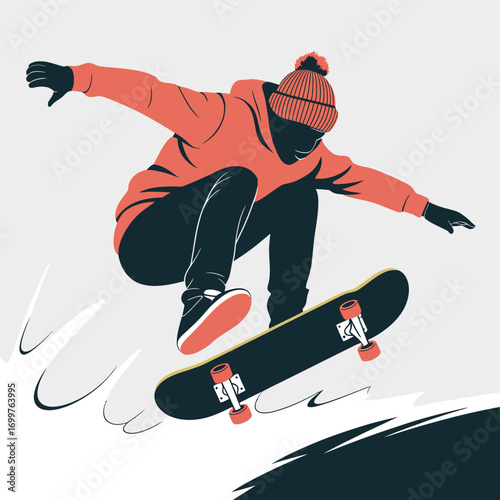 The image captures a skateboarder performing an impressive aerial trick, showcasing skill, agility, and the vibrant culture of street sports and urban lifestyle.