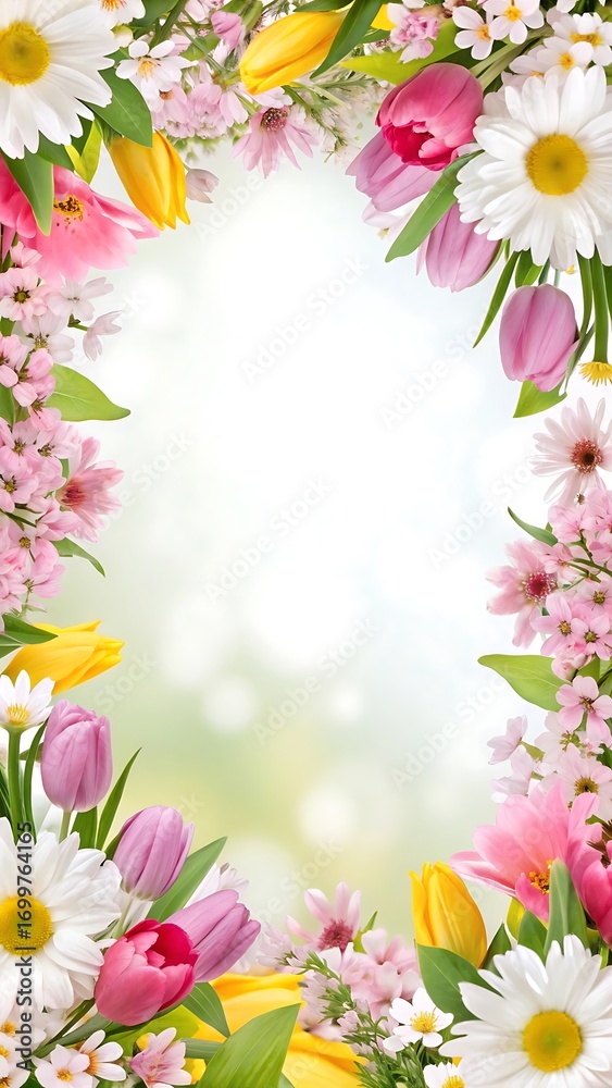 Vibrant floral frame with tulips and daisies spring flowers