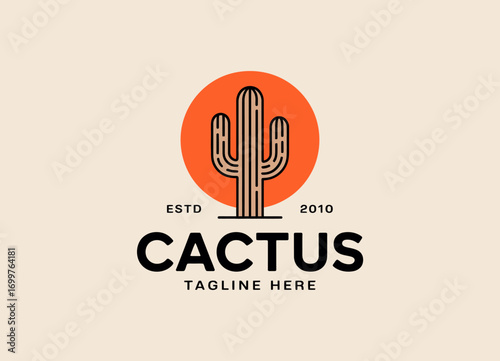 This logo showcases a stylized cactus with a vibrant sunset backdrop, symbolizing growth, endurance, and nature’s resiliency, perfect for eco-friendly branding and rustic aesthetics.