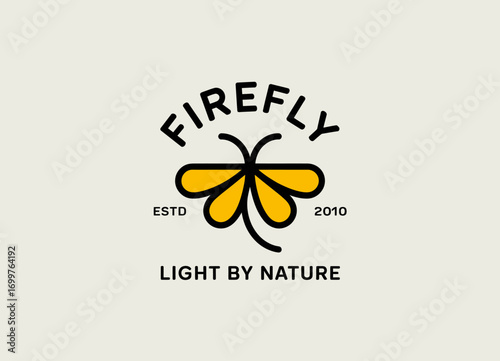 This image presents a whimsical logo of a firefly, embodying the essence of natural light, playfulness, and environmental appreciation in an imaginative and vibrant style.