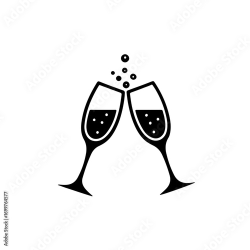A sleek and elegant black and white icon depicting two champagne glasses clinking in a celebratory toast. Tiny bubbles rise from the glasses, adding a festive touch