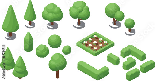 Isometric garden asset set with stylized trees, bushes, and flower bed for landscape, game design, and decorative vector projects.