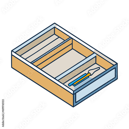 Isometric view of an organized drawer with a blue and yellow object