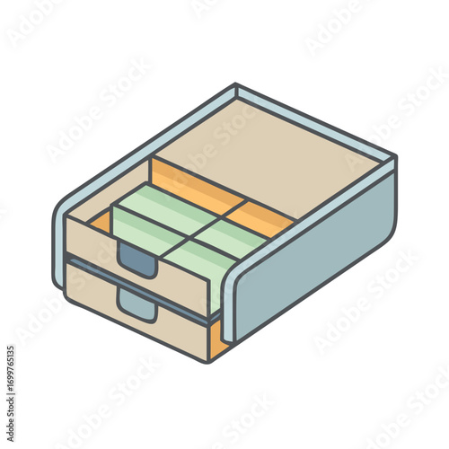 Isometric view of a cute organizer with paper slips and file folders