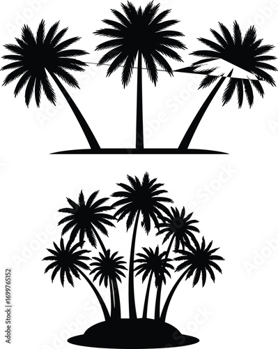 Palm tree silhouette set with tropical island layout, curved trunks, beach foliage, black vector illustration for nature and landscape design