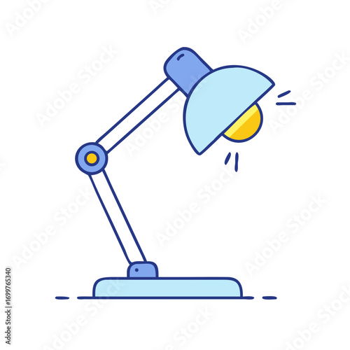 Stylized cartoon illustration of an articulated desk lamp with bright yellow light