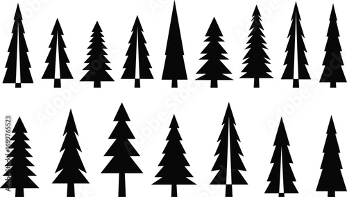 Stylized pine tree silhouette set featuring geometric and jagged shapes, ideal for minimalist nature, forest, and landscape vector designs.