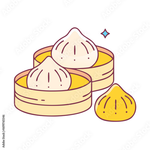 Illustration of three steamed dumplings in bamboo steamers and a star