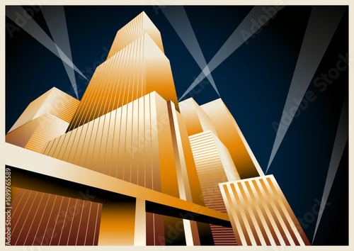 Art Deco Posters Style Illustration. Futuristic City, Skyscrapers, Bridges, Spotlights. Vector Template for Art Deco Placards, Covers, Illustrations