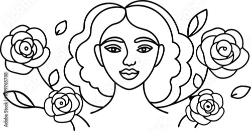 Black and white line art portrait of a woman with roses