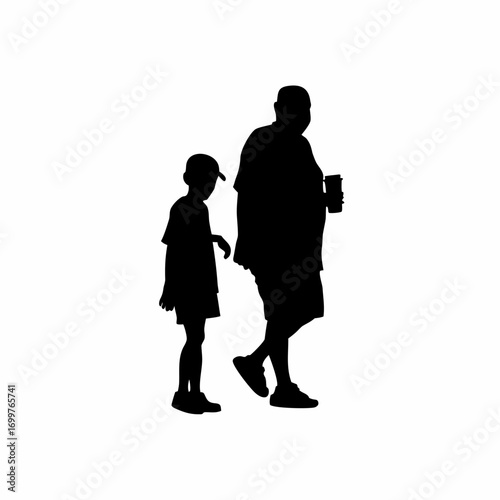 Silhouette of grandson giving water to elderly grandfather isolated on white background