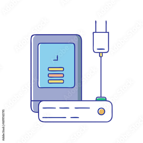 Stylized illustration of electronic devices, including a reader and charging adapter