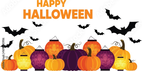 Happy halloween pumpkins and bats, creating a festive and spooky scene for holiday celebration and decoration